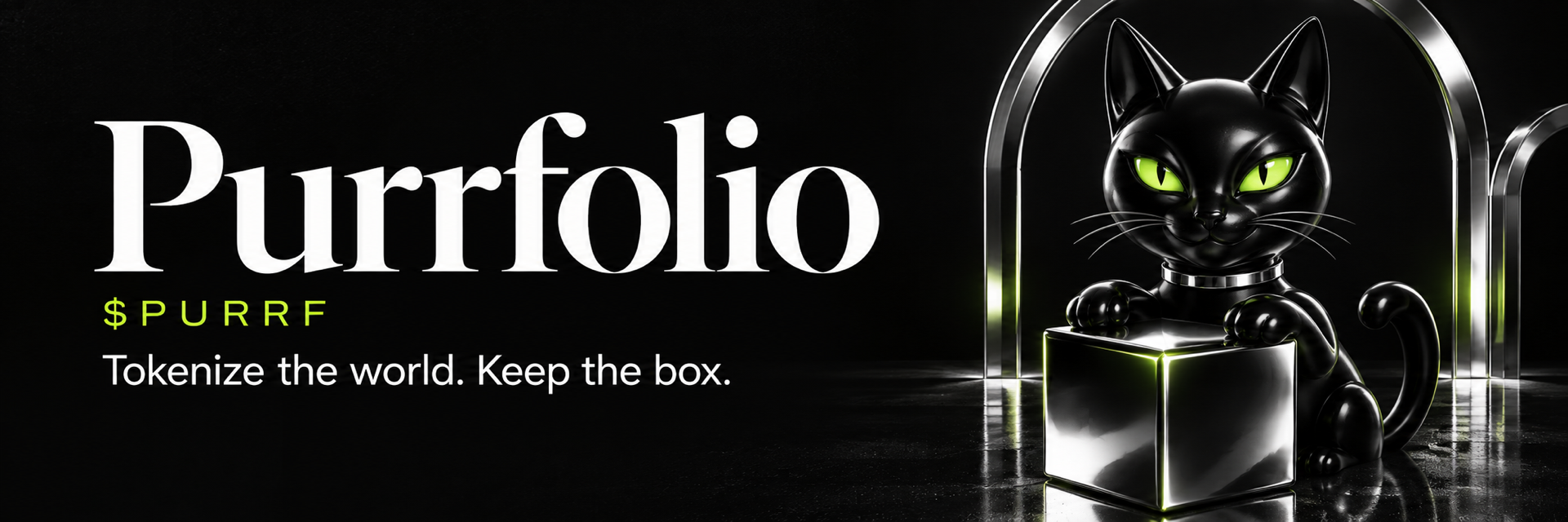 Purrfolio wide campaign header with the black AI cat and a chrome asset cube